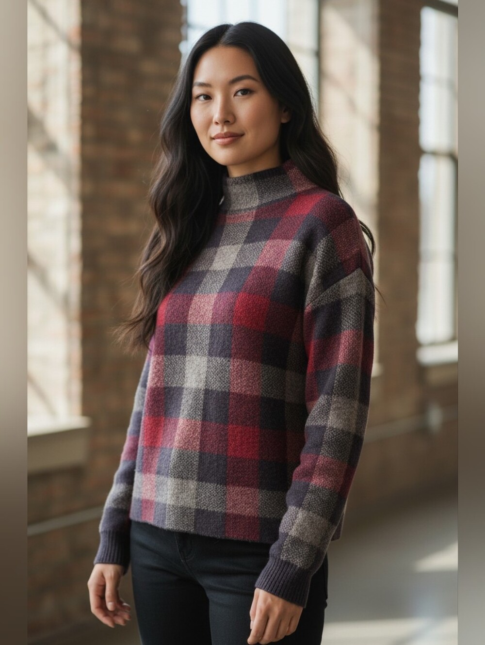 Naadam Plaid Wool Cashmere Mock Neck XS Like New